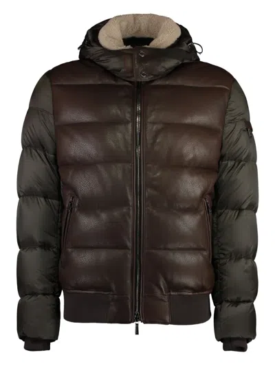MOORER LEATHER-PANEL HOODED PUFFER JACKET