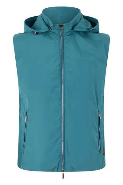 Moorer Light Turquoise Gilet With Hood And Pockets In Blue