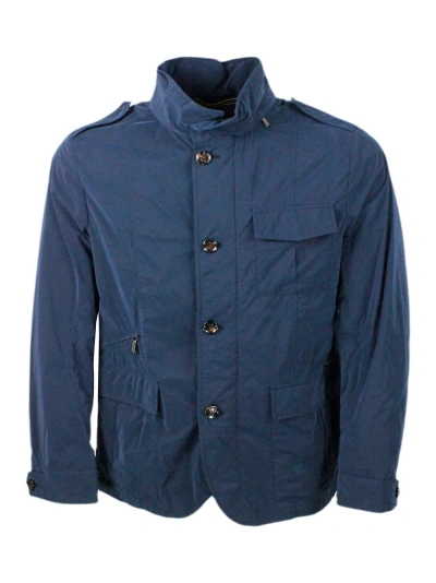 Moorer Lightweight Windproof Field Jacket Model In Technical Fabric With Concealed Hood And Zip And Button  In Blu