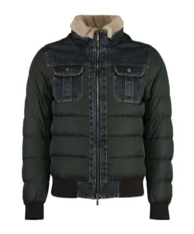 MOORER DENIM-PANELLED BOMBER JACKET