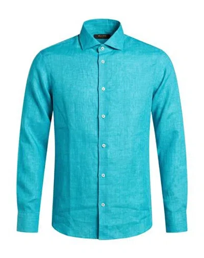Moorer Man Shirt Turquoise Size 38 Linen In Blue
