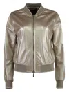 Moorer Metallic-effect Leather Bomber Jacket In Neutral