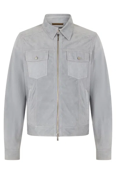 Moorer Modern Gray Leather Jacket With Zip And Stylish Collar