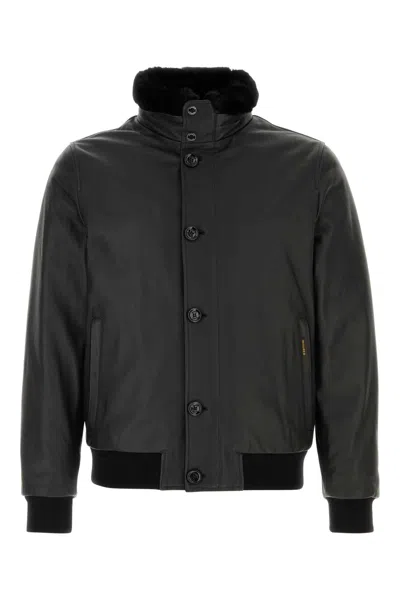 Moorer Moored Leather Bomber Jacket With Nylon Lining In Black