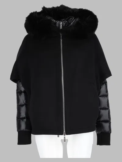 Moorer Cape-design Wool Coat With Down Jacket And Fox Fur Hood In Black