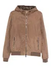 Moorer Suede Hooded Bomber Jacket In Brown