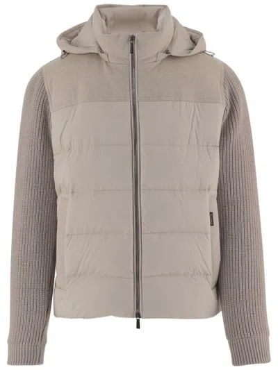 Moorer Padded Beige Jacket With Knitted Sleeves And Attached Hood In Brown