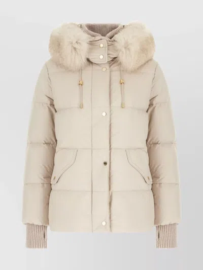 Moorer Padded Coat With Fur Trim Hood In Neutral
