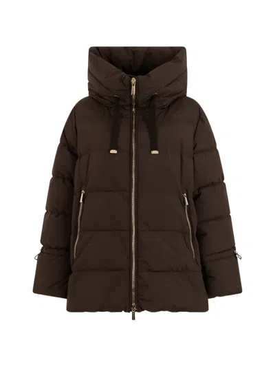 Moorer Short Waterproof Quilted Nylon Down Jacket With Funnel Neck In Brown
