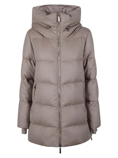 Moorer Padded Quilted Beige Coat With Hood In Gray