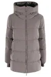 Moorer Padded Quilted Down Coat With High Collar And Hood In Gray