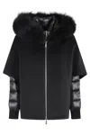 Moorer Cape-design Wool Coat With Down Jacket And Fox Fur Hood In Black