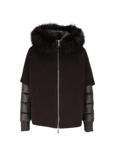 Moorer Pegaso-cwr Cioccolato Boxy Quilted-sleeve Padded Fur-trimmed Short Jacket In Brown