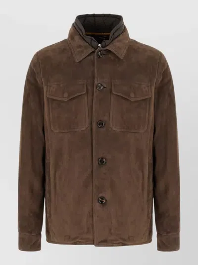 Moorer Polyester Blend Down Jacket Collared Pockets In Brown