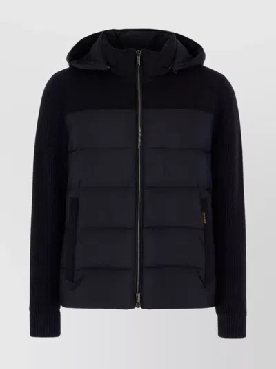 Moorer Quilted Coat Hood Ribbed Cuffs Side Pockets In Blue