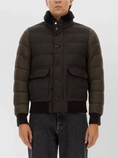 Moorer Quilted High Collar Jacket With Front Pockets In Military Green