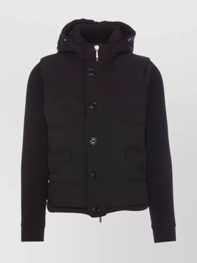 Moorer Quilted Hooded Jacket Ribbed Sleeves In Black