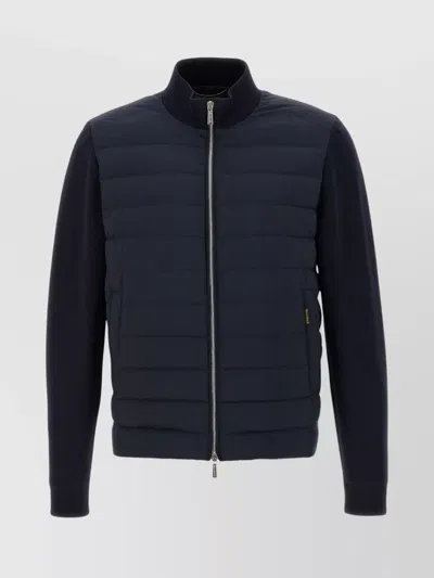 Moorer Quilted Jacket With Ribbed Collar And Pockets In Blue