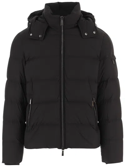 Moorer Quilted Technical Fabric Jacket With Adjustable Hood In Black