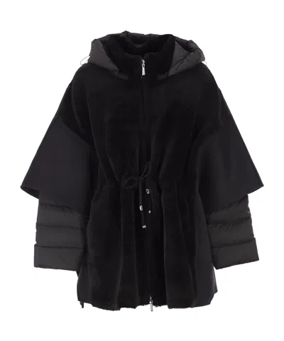 Moorer Long Hooded Jacket With Drawstring And Pockets In Black
