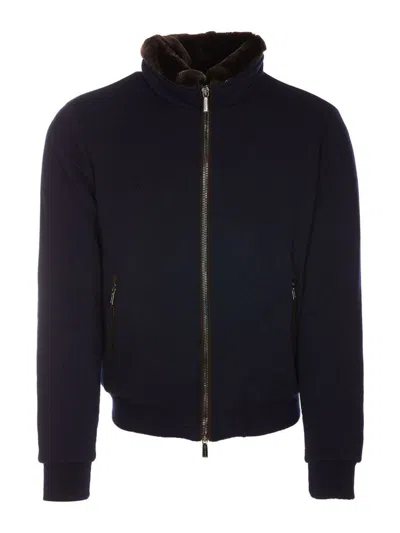 Moorer Removable Fur Detailed Jacket In Blue