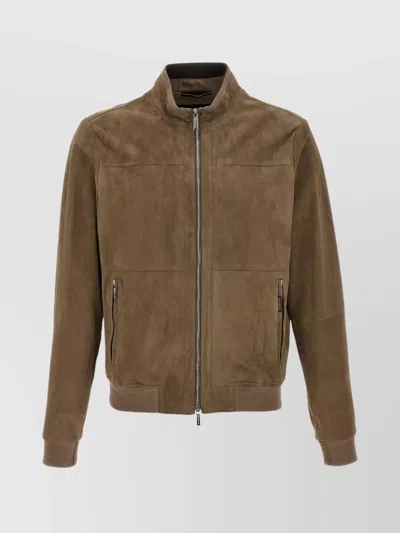 Moorer Ribbed Cuffs Stand Collar Side Pockets Jacket In Brown