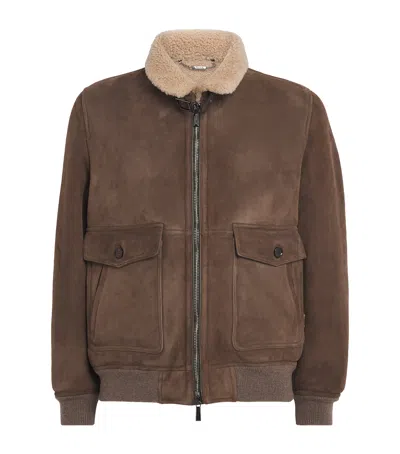 Moorer Shearling Fiano Bomber Jacket In Brown