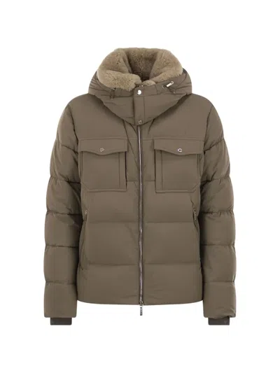 Moorer Shearling-collar Hooded Puffer Jacket In Brown