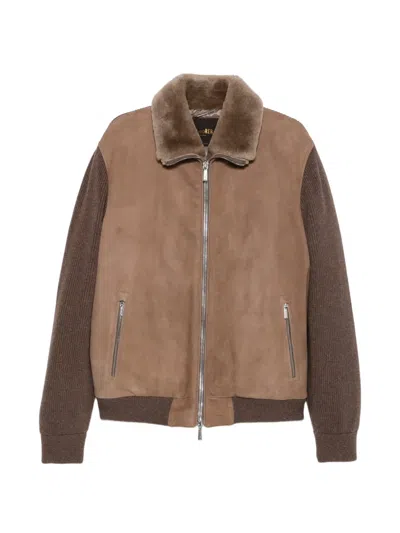 Moorer Shearling-collar Panelled Jacket In Brown