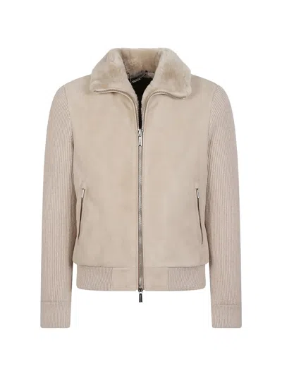 Moorer Shearling-collar Panelled Jacket In Neutral