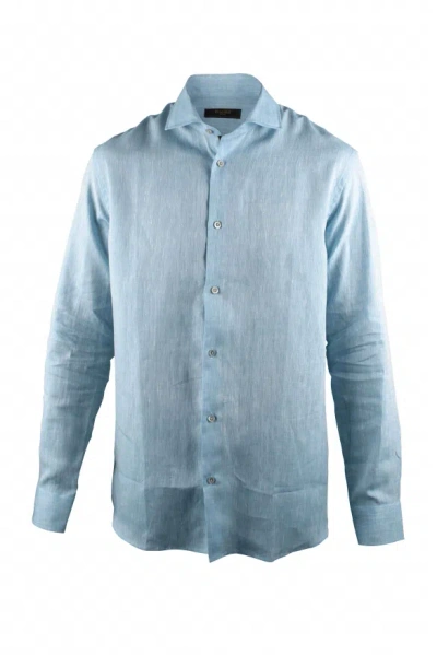 Moorer Pastel Blue Linen Shirt With Mother-of-pearl Buttons In Multi