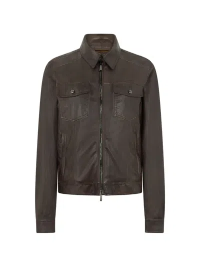 Moorer Shirt Collar Flap Pockets Leather Jacket In Brown