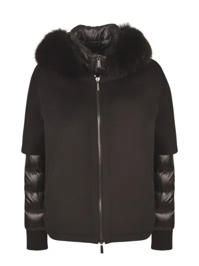 Moorer Short Cape Jacket With Detachable Quilted Inner And Fur Trim In Black