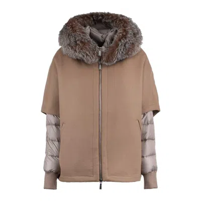 Moorer Short Hazelnut Hood Matched With Down Jacket In Neutral