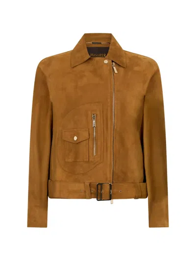 Moorer Suede Belted Jacket In Brown