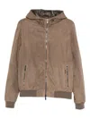 Moorer Suede Hooded Bomber Jacket In Brown