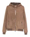 Moorer Suede Hooded Bomber Jacket In Brown