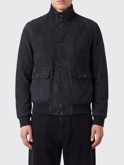 Moorer Suede Leather Bomber Jacket With High Collar And Elasticated Hem In Blue