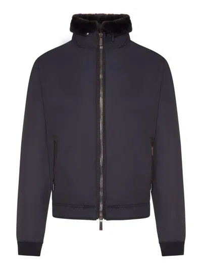 Moorer Technical Fabric Bomber Jacket With Fur Collar In Blue