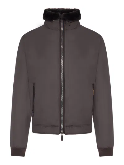 Moorer Technical Fabric Bomber Jacket With Fur Collar In Brown