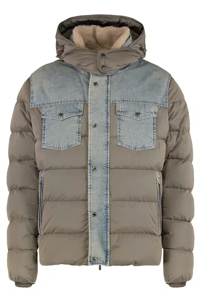 Moorer Denim-panel Hooded Down Jacket In Gray
