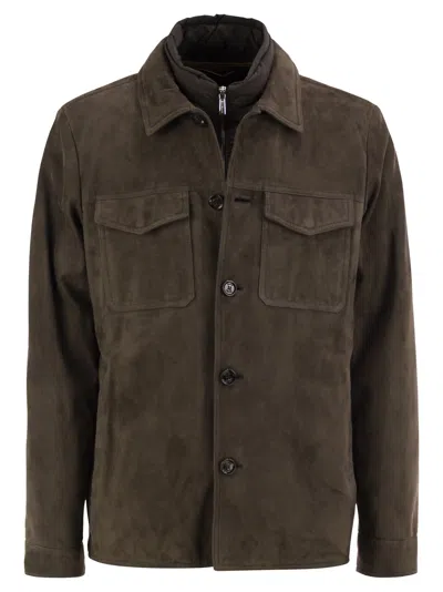 Moorer Torquato Ur Suede Leather Jacket With Inner Technical Bib In Brown