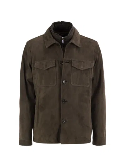 Moorer Torquato-tz Suede Layered-detail Jacket In Brown