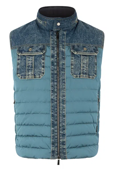 Moorer Turquoise Sleeveless Vest With Denim Inserts In Blue
