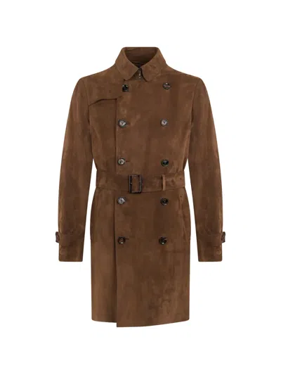 Moorer Vitruvio Double-breasted Belted Leather Trench Coat In Brown