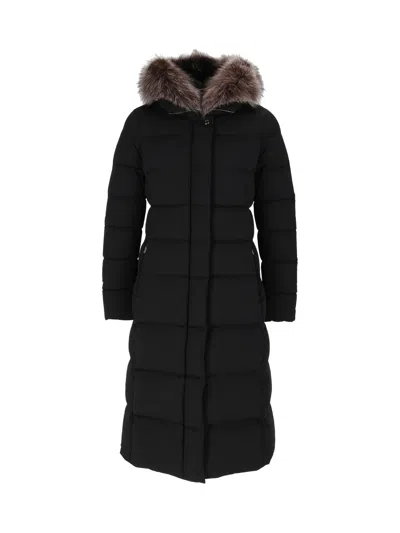 Moorer Zagara-kn Black Padded Fur-trimmed Hooded Long Jacket