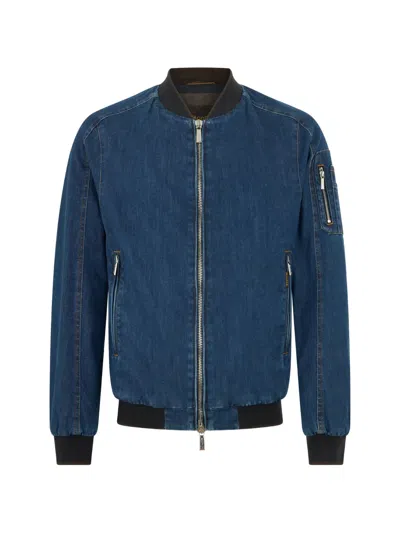 Moorer Zip Ribbed Denim Jacket In Blue
