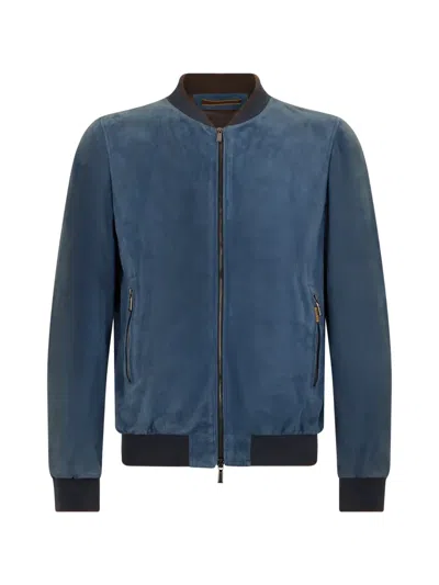 Moorer Zip Ribbed Leather Jacket In Blue