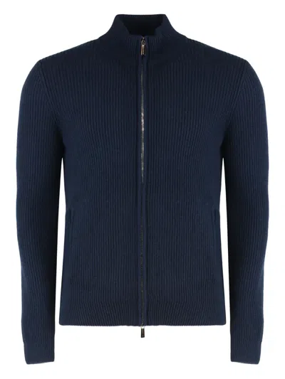 Moorer Zip-up Mock-neck Cardigan In Blue
