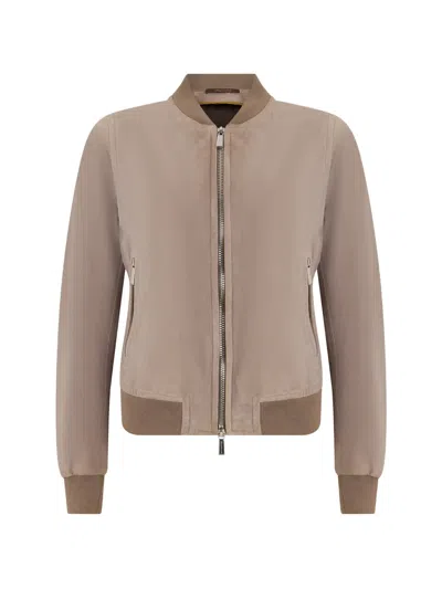 Moorer Zip-up Suede Bomber Jacket In Neutral